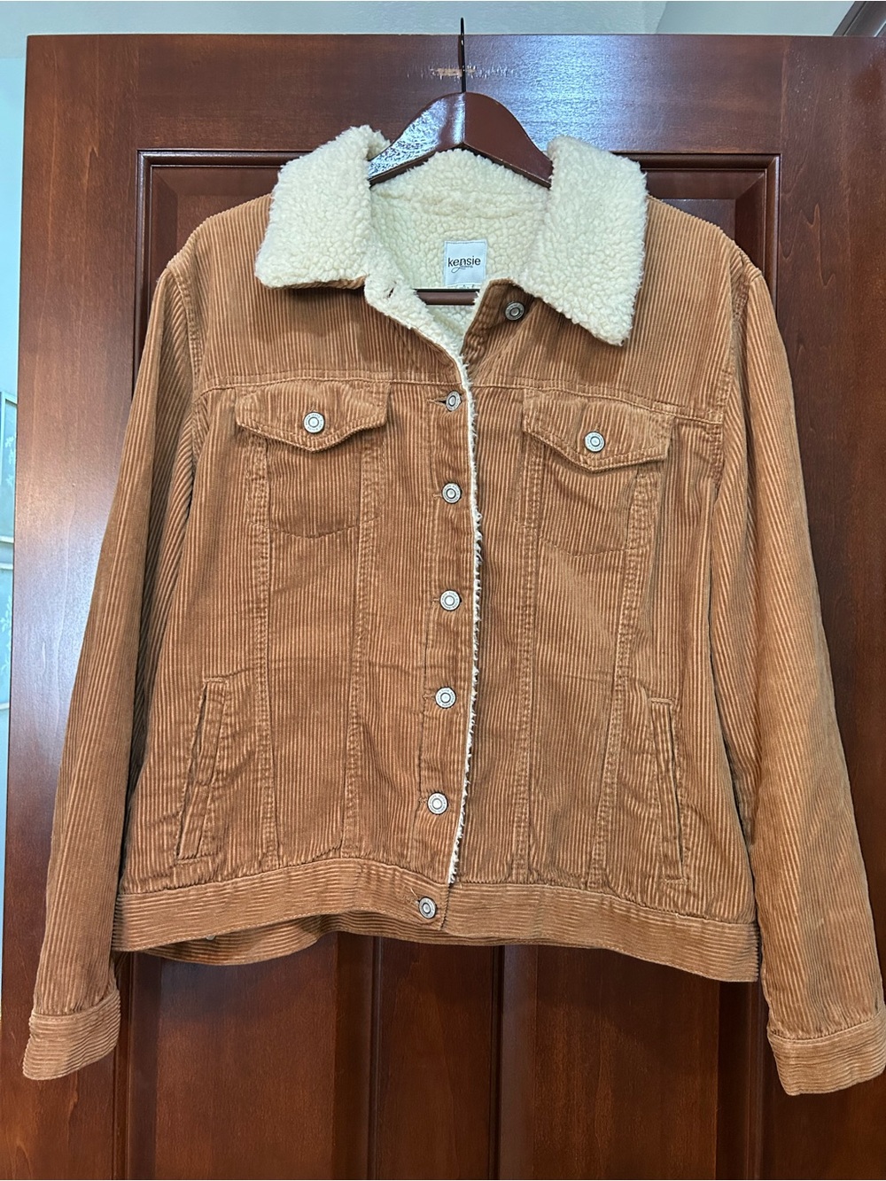 Kensie Jeans Sherpa Lined Corduroy Jacket Camel Brown Trucker Coat Large